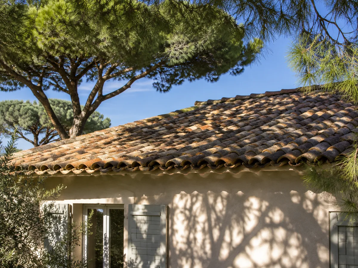 Photo : ombres de pins parasols sur un toit en tuiles canal et une façade claire, Côte d'Azur (illustration)