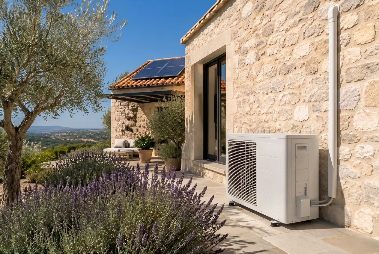 Illustration : groupe extérieur de climatisation sur une terrasse ensoleillée de villa, panneaux solaires sur le toit en arrière-plan