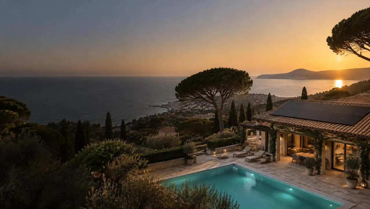 Villa sur les hauteurs de Nice à l'heure dorée, toit en tuiles équipé de panneaux noirs, piscine éclairée et mer au loin